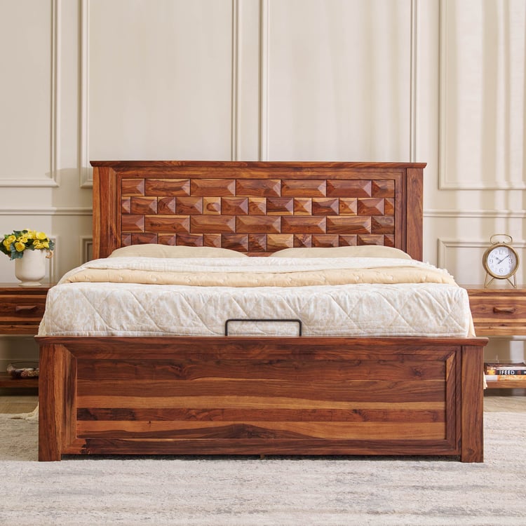 Adana Grand Swaram Sheesham Wood Queen Bed with Hydraulic Storage - Walnut