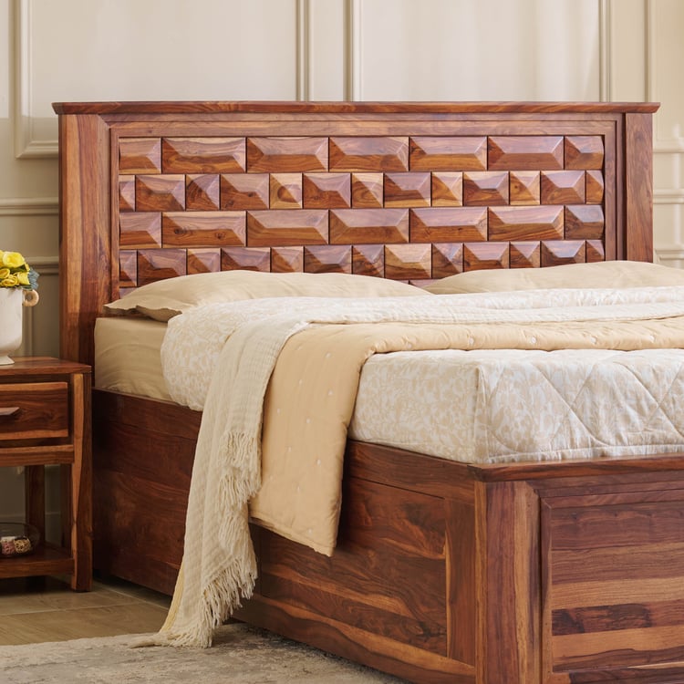 Adana Grand Swaram Sheesham Wood Queen Bed with Hydraulic Storage - Walnut