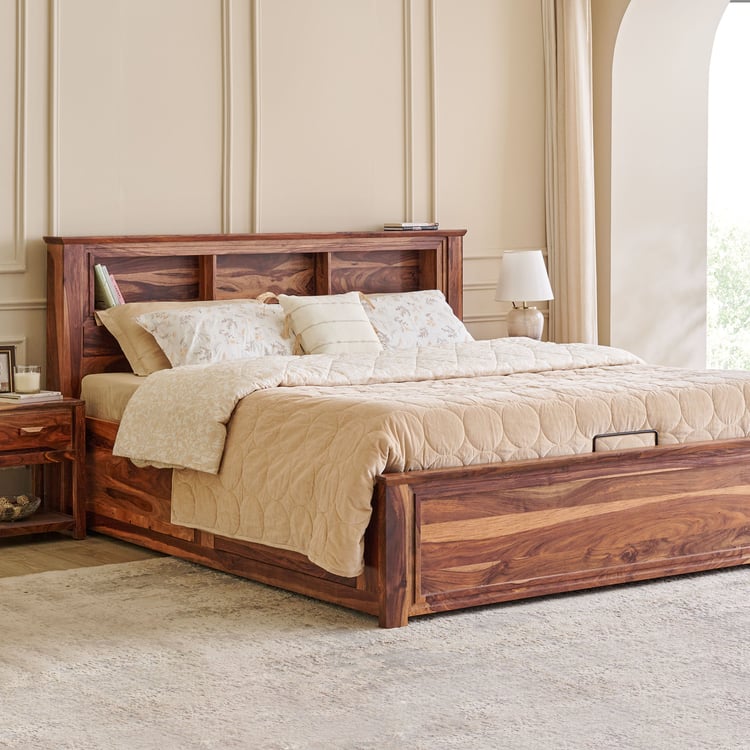Adana Grand Yuga Sheesham Wood King Bed with Hydraulic Storage - Honey