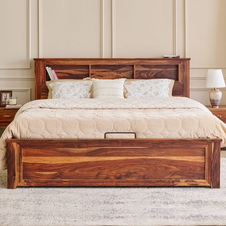Adana Grand Yuga Sheesham Wood King Bed with Hydraulic Storage - Honey