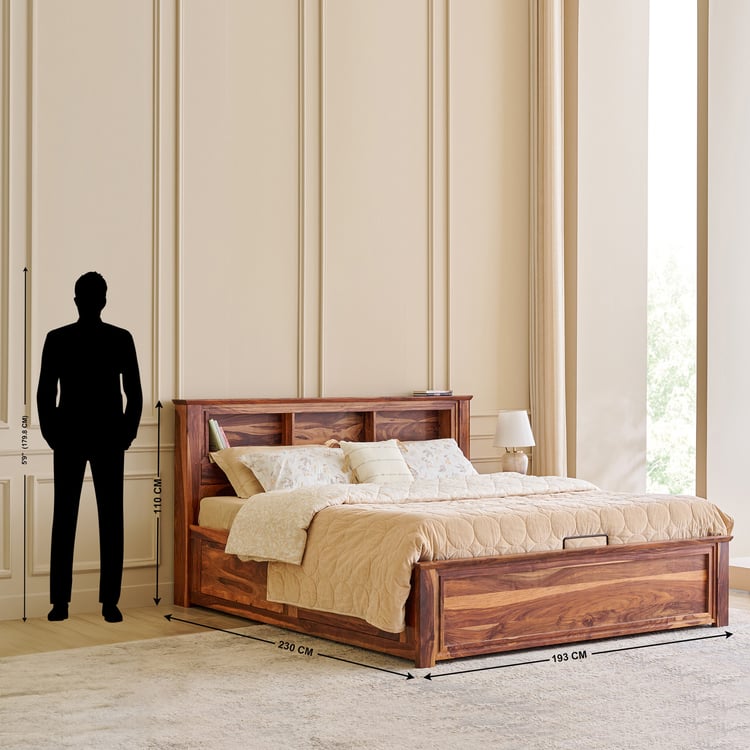 Adana Grand Yuga Sheesham Wood King Bed with Hydraulic Storage - Honey