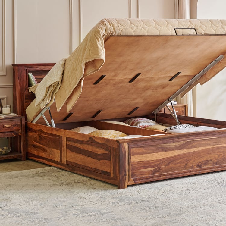 Adana Grand Yuga Sheesham Wood King Bed with Hydraulic Storage - Honey