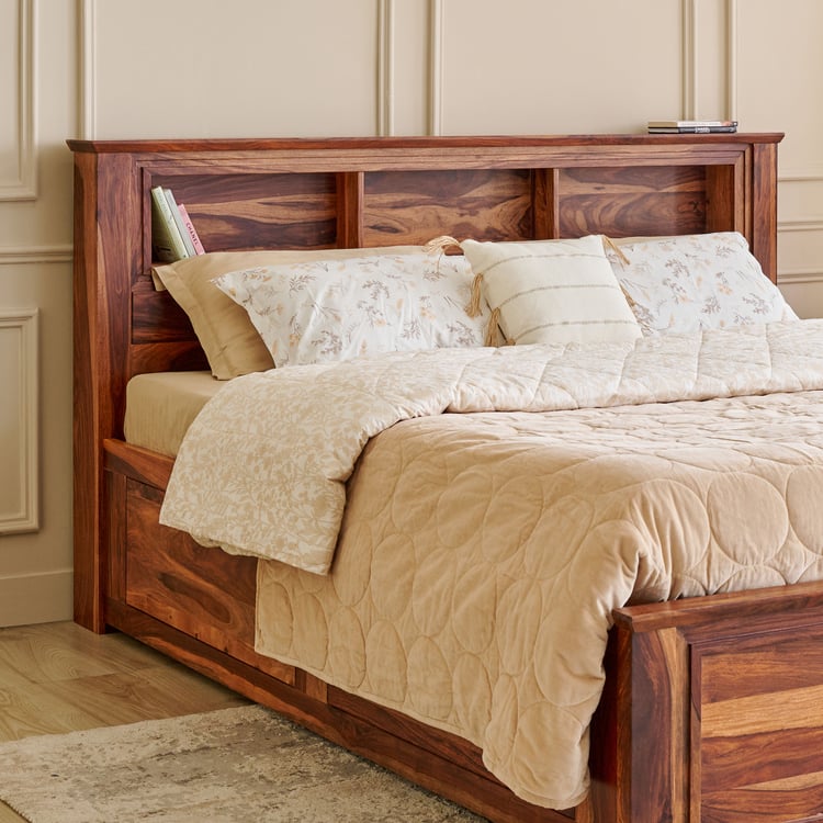 Adana Grand Yuga Sheesham Wood King Bed with Hydraulic Storage - Honey