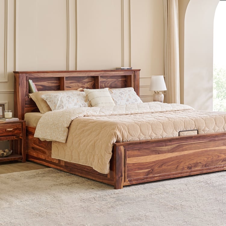 Adana Grand Yuga Sheesham Wood Queen Bed with Hydraulic Storage - Honey