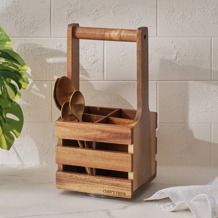 Chefs Pride Jepson Acacia Wood Lazy Susan Cutlery Holder