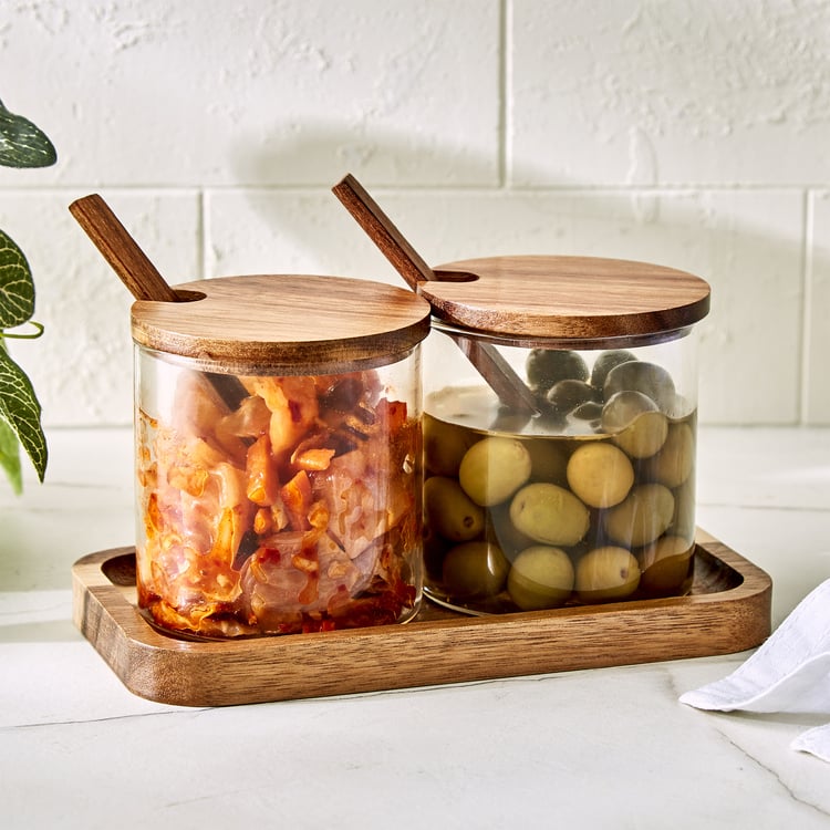 Chefs Pride Bristol Set of 2 Glass Condiment Jars with Acacia Wood Stand