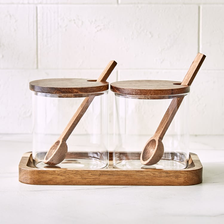 Chefs Pride Bristol Set of 2 Glass Condiment Jars with Acacia Wood Stand