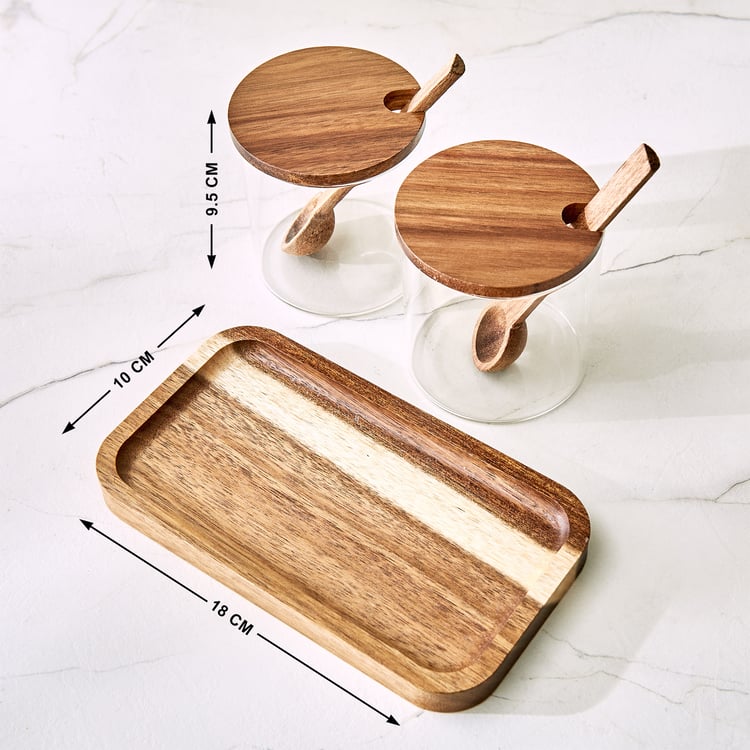 Chefs Pride Bristol Set of 2 Glass Condiment Jars with Acacia Wood Stand