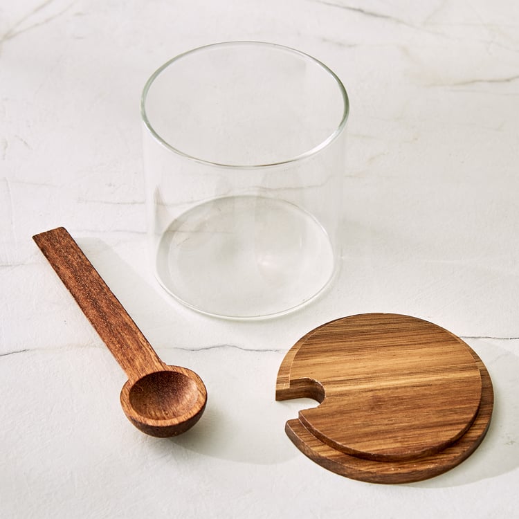 Chefs Pride Bristol Set of 2 Glass Condiment Jars with Acacia Wood Stand