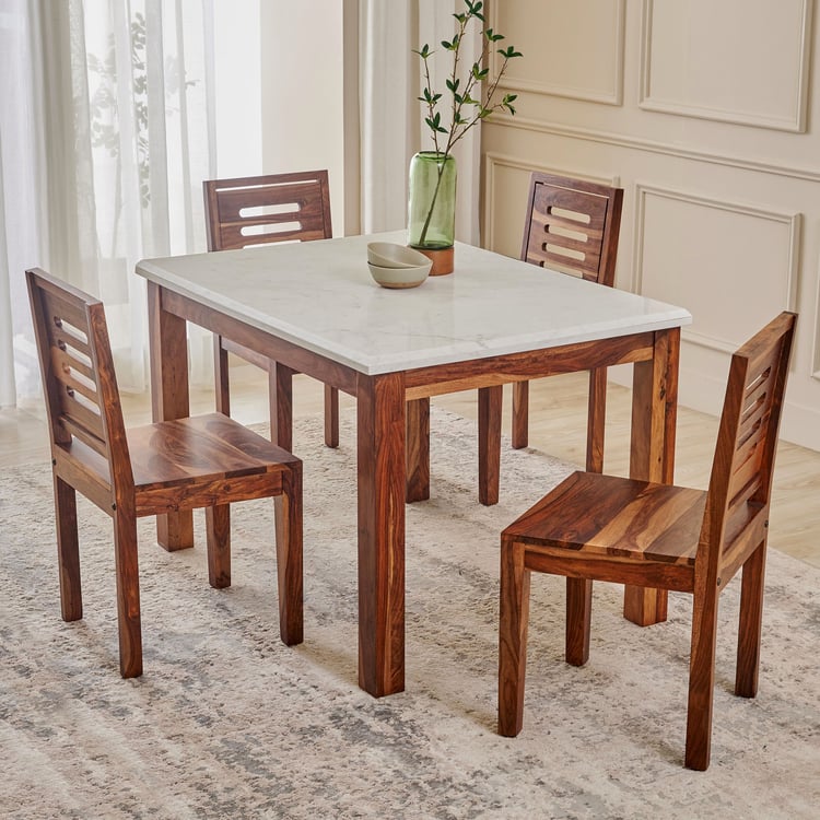 Adana Grand Marble Top 4-Seater Dining Set with Chairs - Brown and White