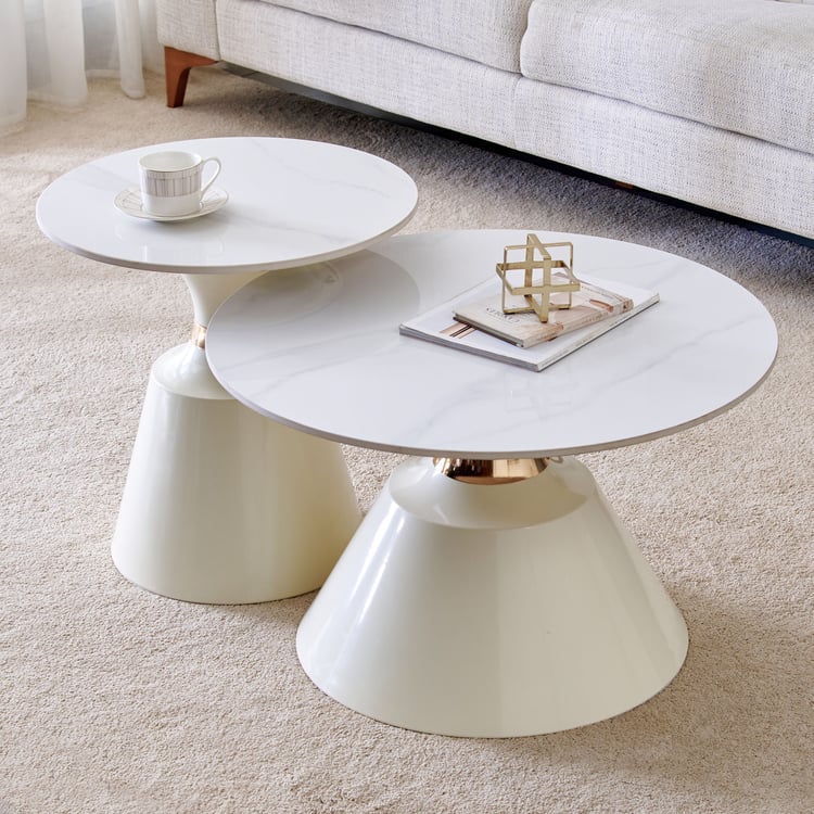 Helios Raina Ceramic Top Set of 2 Nesting Coffee Tables - White