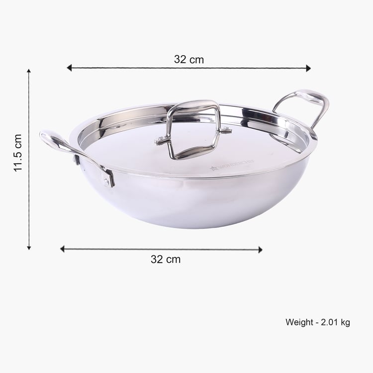 WONDERCHEF Nigella Triply Stainless Steel Kadhai with Lid - 2.2L