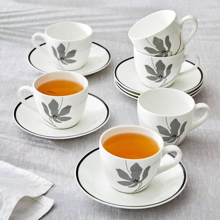 Mandarin Monochrome Set of 6 Printed Cup and Saucer - 210ml