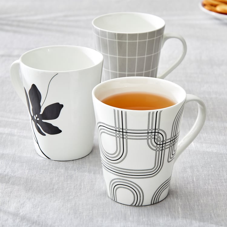 Mandarin Monochrome Set of 3 Bone China Printed Coffee Mugs - 340ml