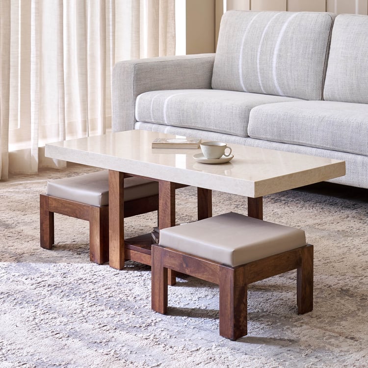 Giza Composite Marble Top Coffee Table with Stools - Walnut