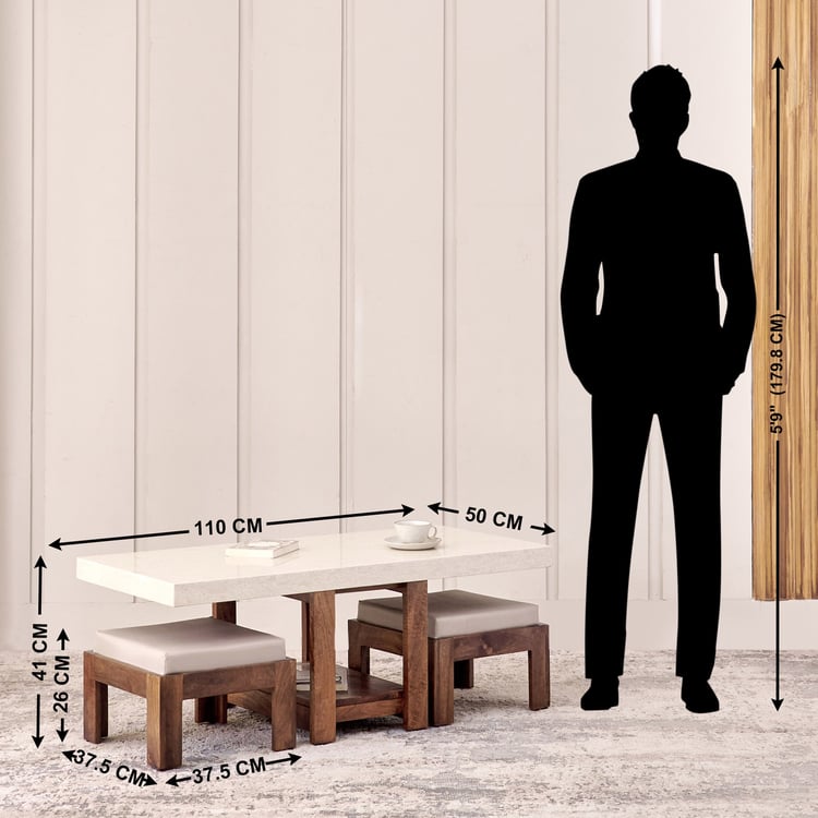 Giza Composite Marble Top Coffee Table with Stools - Walnut