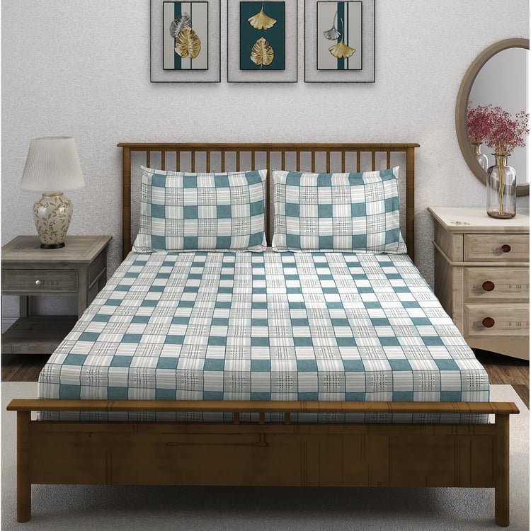 SWAYAM Ananda Cotton 210TC Checked 3Pcs Queen Bedsheet Set