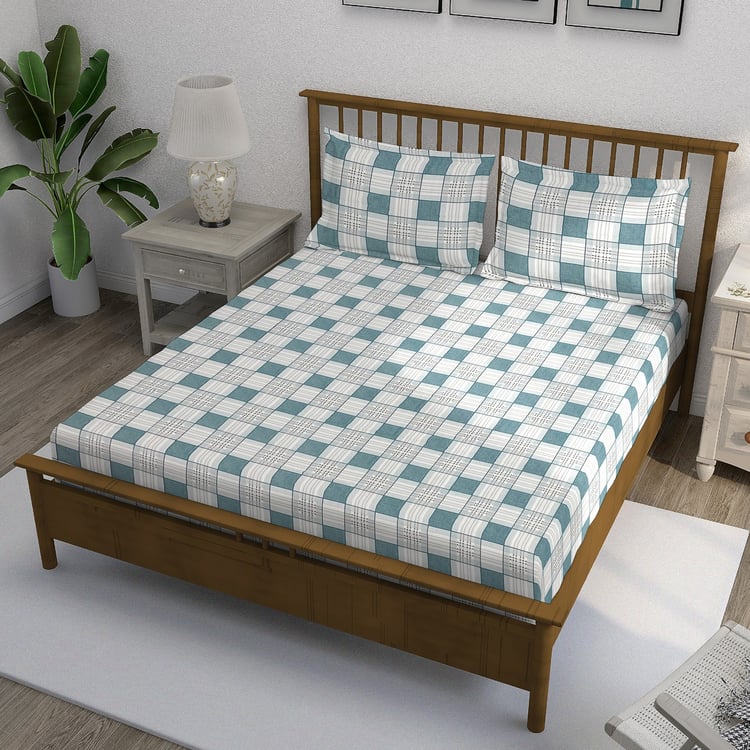 SWAYAM Ananda Cotton 210TC Checked 3Pcs Queen Bedsheet Set