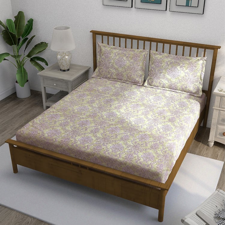 SWAYAM Ananda Cotton Printed 210TC 3Pcs King Fitted Bedsheet Set