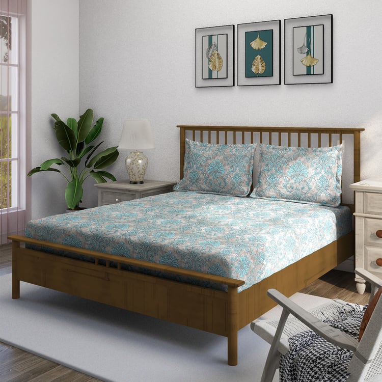 SWAYAM Ananda Cotton Printed 210TC 3Pcs King Fitted Bedsheet Set