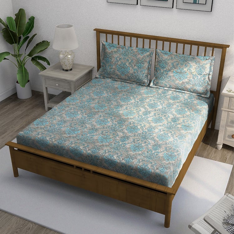 SWAYAM Ananda Cotton Printed 210TC 3Pcs King Fitted Bedsheet Set