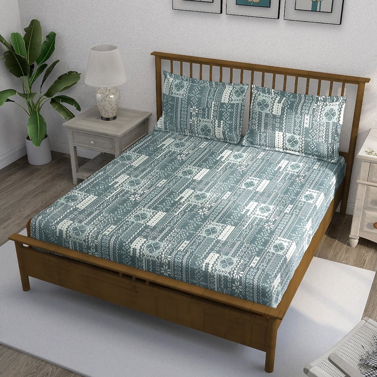 SWAYAM Ananda Cotton Printed 210TC 3Pcs King Fitted Bedsheet Set