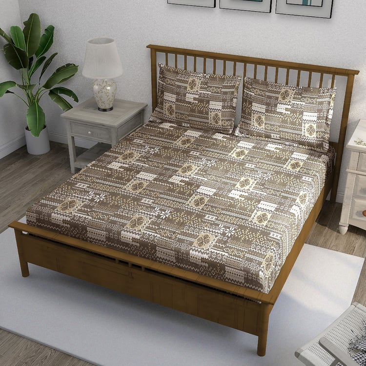 SWAYAM Ananda Cotton Printed 210TC 3Pcs King Fitted Bedsheet Set
