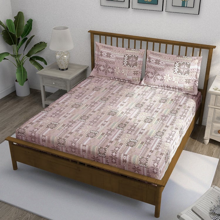 SWAYAM Ananda Cotton Printed 210TC 3Pcs King Fitted Bedsheet Set