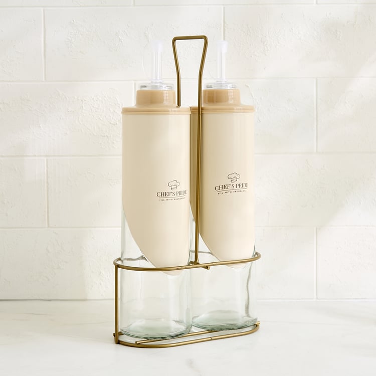Chefs Pride Kiyun Set of 2 Glass Oil Bottles with Stand - 550ml