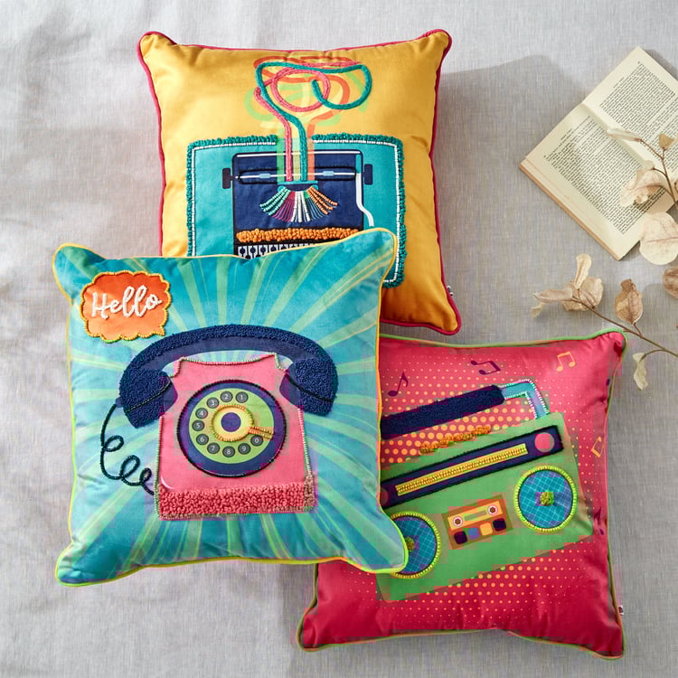 Retro Objects Velvet Embroidered Filled Cushion - 40x40cm