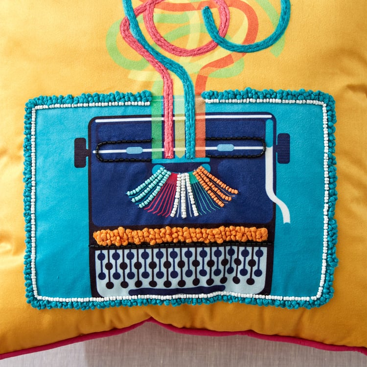 Retro Objects Velvet Embroidered Filled Cushion - 40x40cm