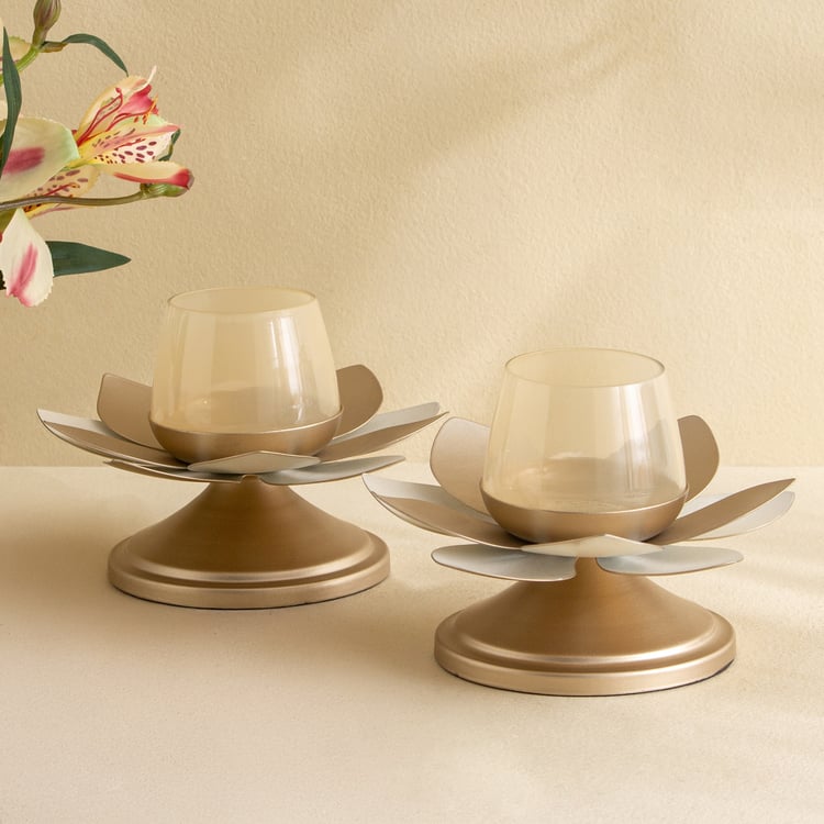 Tamaira Kamal Set of 2 Metal Lotus T-Light Holders