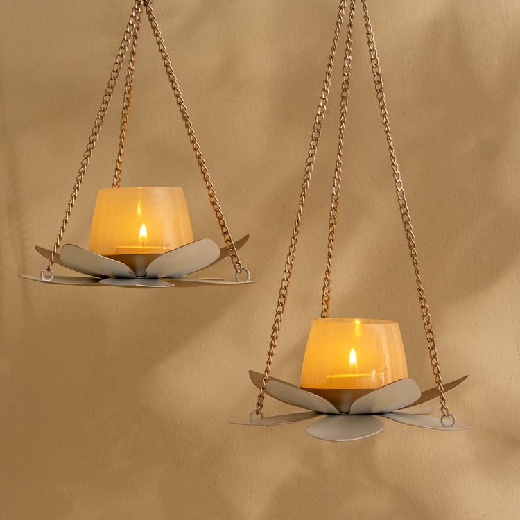Tamaira Kamal Set of 2 Metal Lotus Hanging T-Light Holders