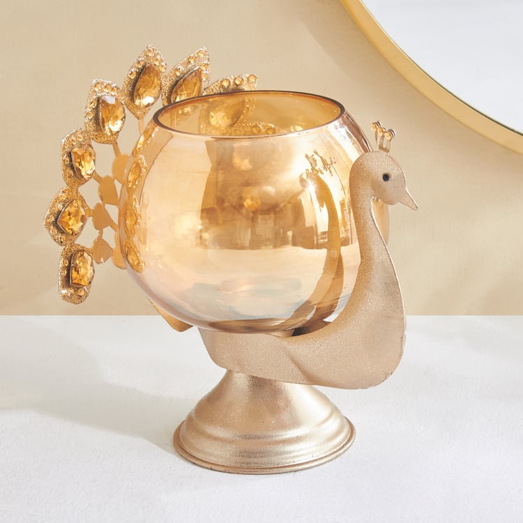 Tamaira Purl Metal Peacock Votive Candle Holder