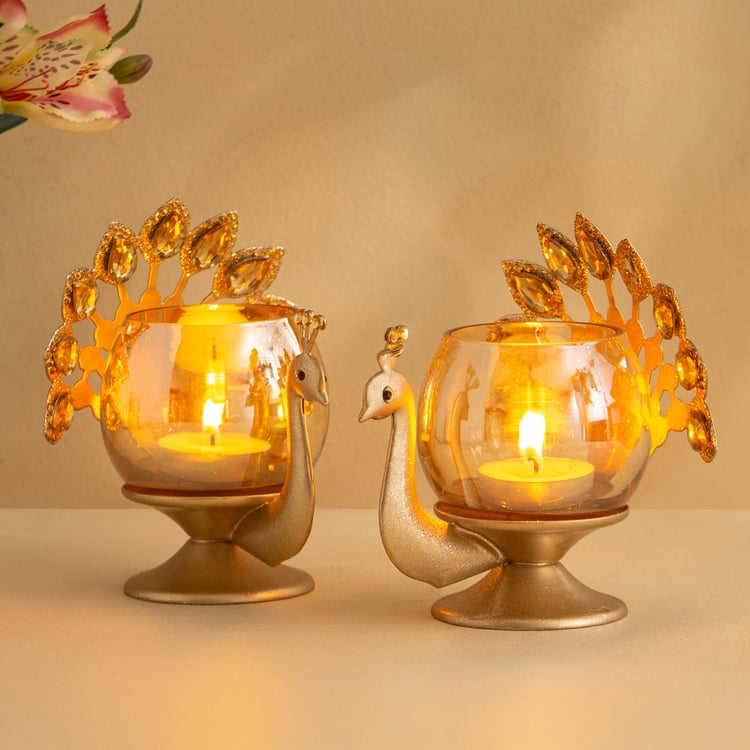 Tamaira Purl Set of 2 Metal Peacock T-Light Holders