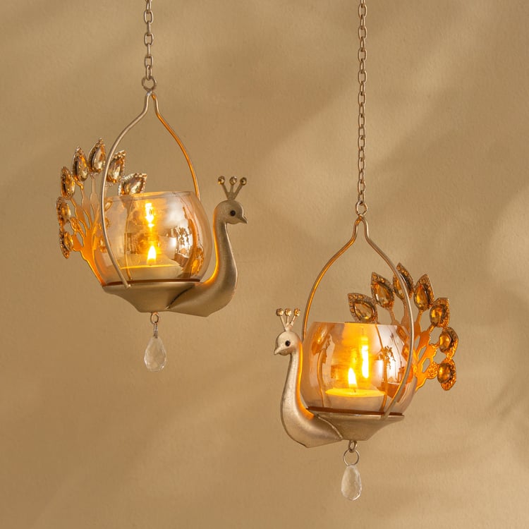 Tamaira Purl Set of 2 Metal Peacock Hanging Votive Candle Holders