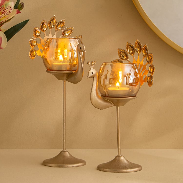 Tamaira Purl Set of 2 Metal Peacock Pedestal T-Light Holders