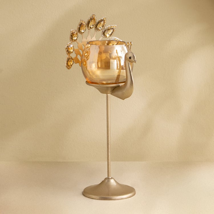 Tamaira Purl Set of 2 Metal Peacock Pedestal T-Light Holders