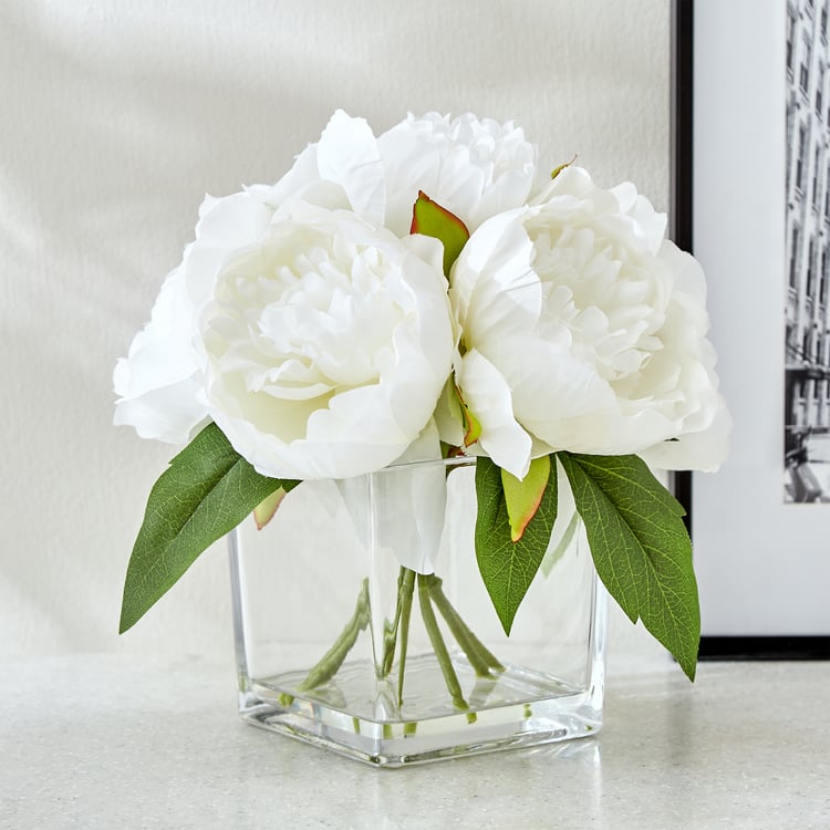 Gloria Crystal Artificial Peony Flowers in Glass Vase