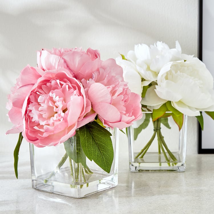 Gloria Crystal Artificial Peony Flowers in Glass Vase