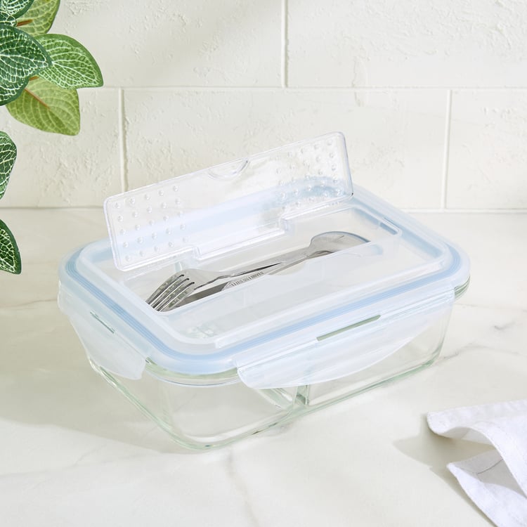 Korobka Astero Borosilicate Glass Divider Lunch Box with Cutlery - 980ml