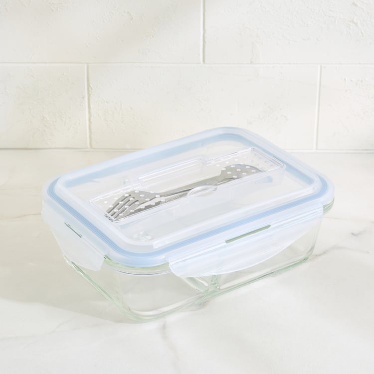 Korobka Astero Borosilicate Glass Divider Lunch Box with Cutlery - 980ml