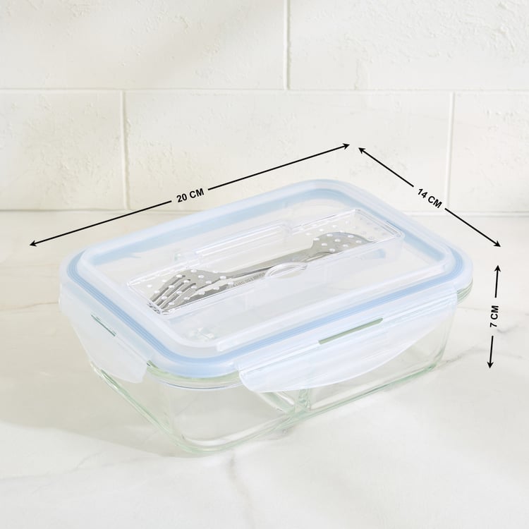 Korobka Astero Borosilicate Glass Divider Lunch Box with Cutlery - 980ml