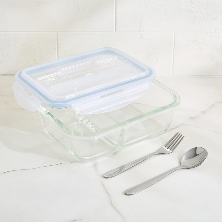 Korobka Astero Borosilicate Glass Divider Lunch Box with Cutlery - 980ml
