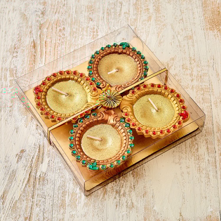Utsav Set of 4 Clay Embellished Leaf Diyas