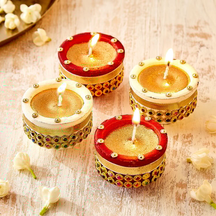 Utsav Set of 4 Clay Embellished Handi Diyas