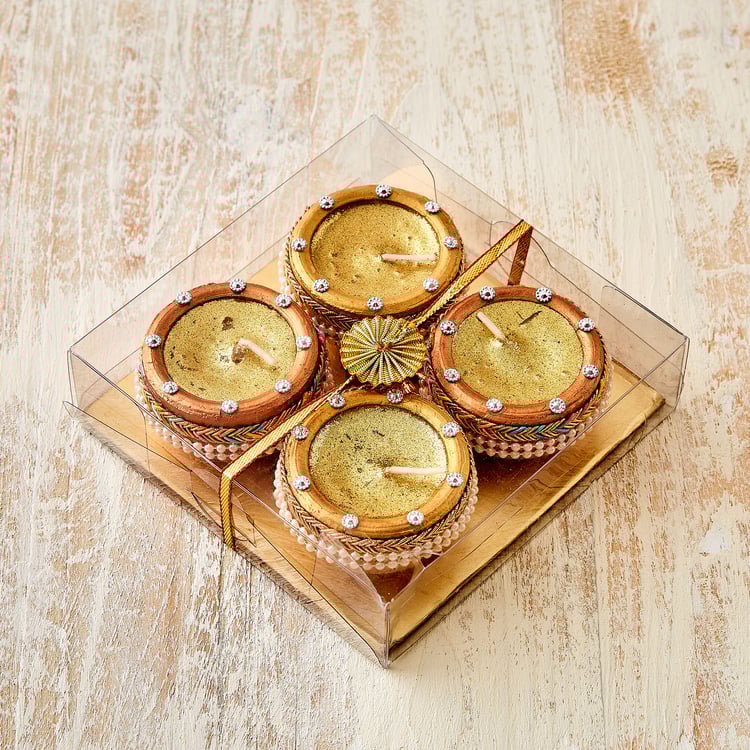 Utsav Set of 4 Clay Embellished Matki Diyas