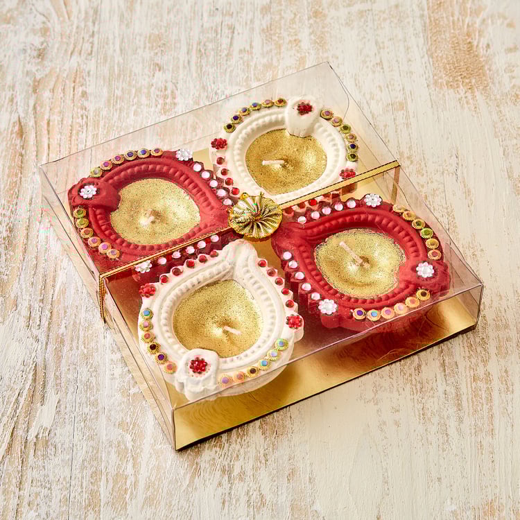 Utsav Set of 4 Clay Embellished Leaf Diyas