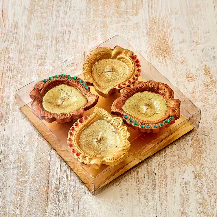 Utsav Set of 4 Clay Embellished Leaf Diyas