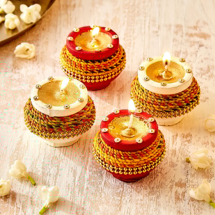 Utsav Set of 4 Clay Embellished Matki Diyas